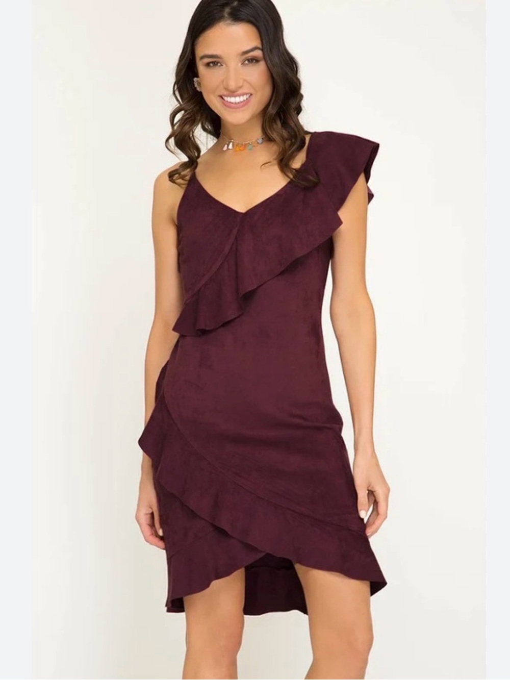 NWT fab'rik One-Shoulder Ruffle Dress in Burgundy